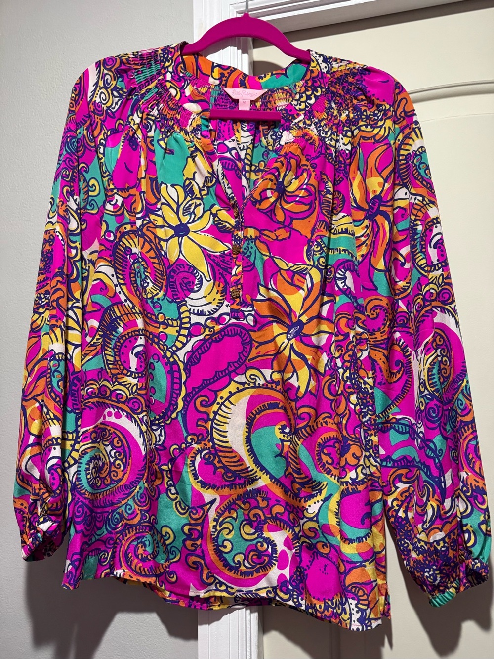 Lilly Pulitzer Vibrant Floral Paisley Blouse in Pink, Turquoise, Yellow, Orange